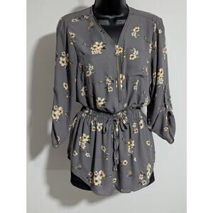 rue21 Floral Zip Front Tunic Blouse Top Cinch Waist Long Button Tab Sleeve Small